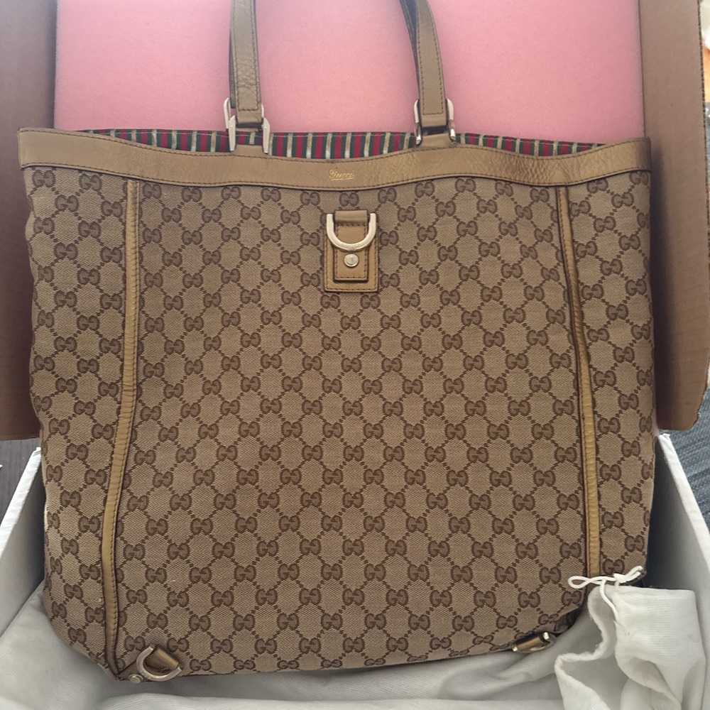 Gucci Tan Monogram Tote with Striped Interior